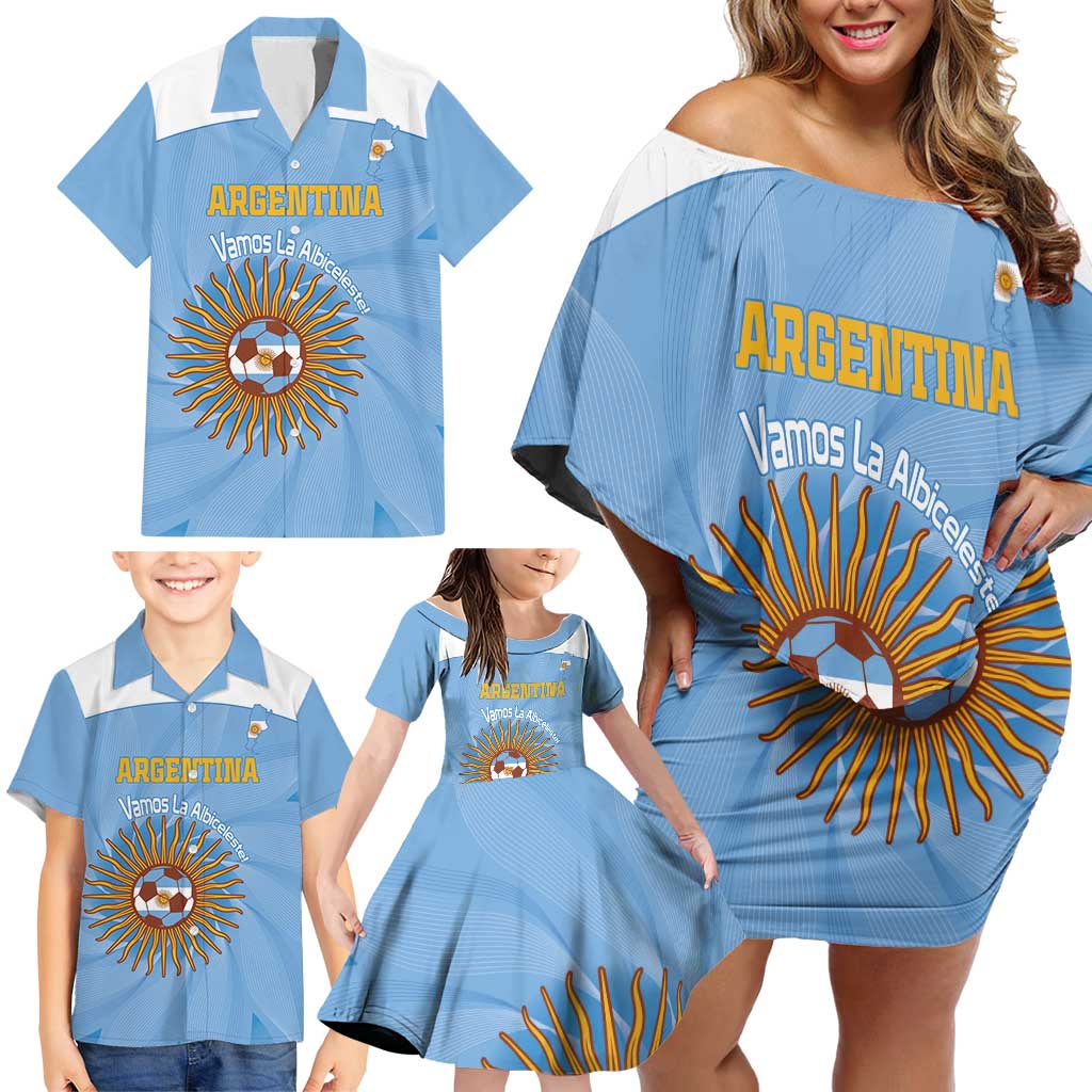 Custom Argentina Football Family Matching Off Shoulder Short Dress and Hawaiian Shirt Vamos La Albiceleste Blue Version - Wonder Print Shop