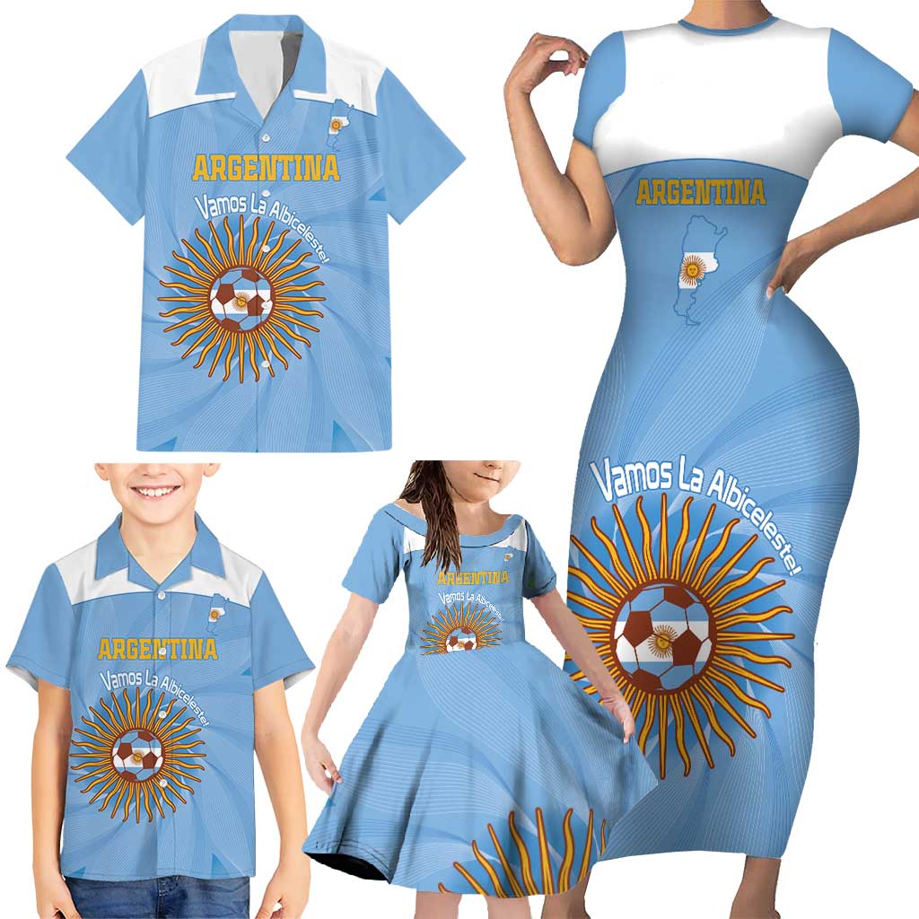 Custom Argentina Football Family Matching Short Sleeve Bodycon Dress and Hawaiian Shirt Vamos La Albiceleste Blue Version - Wonder Print Shop