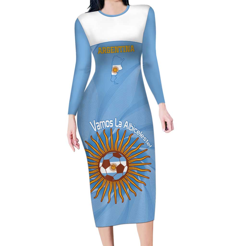 Custom Argentina Football Long Sleeve Bodycon Dress Vamos La Albiceleste Blue Version - Wonder Print Shop