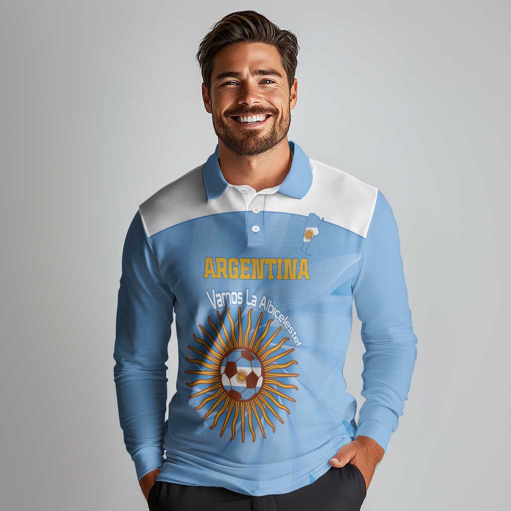 Custom Argentina Football Long Sleeve Polo Shirt Vamos La Albiceleste Blue Version - Wonder Print Shop