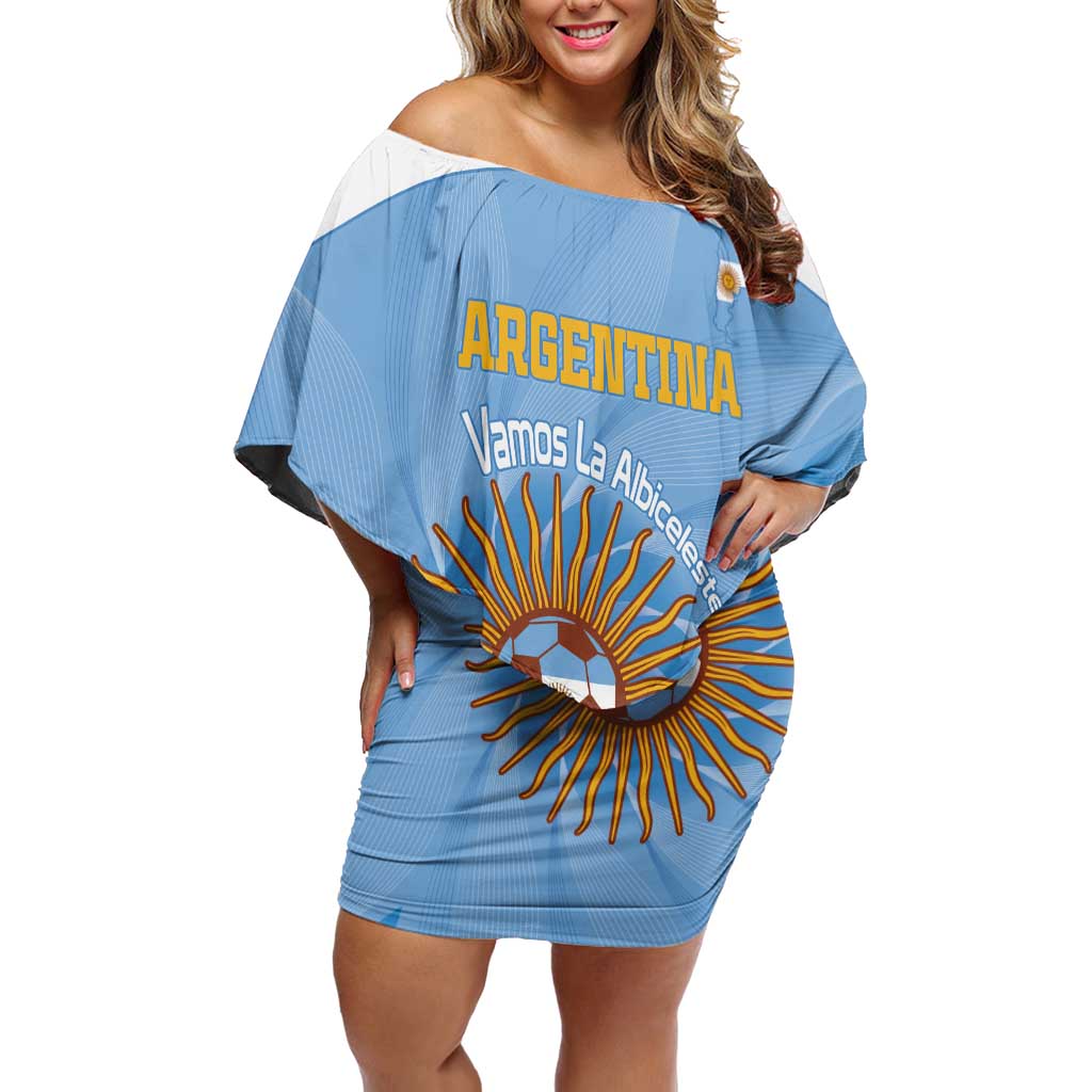 Custom Argentina Football Off Shoulder Short Dress Vamos La Albiceleste Blue Version - Wonder Print Shop