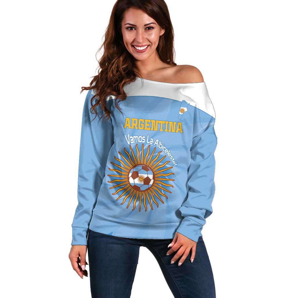 Custom Argentina Football Off Shoulder Sweater Vamos La Albiceleste Blue Version - Wonder Print Shop