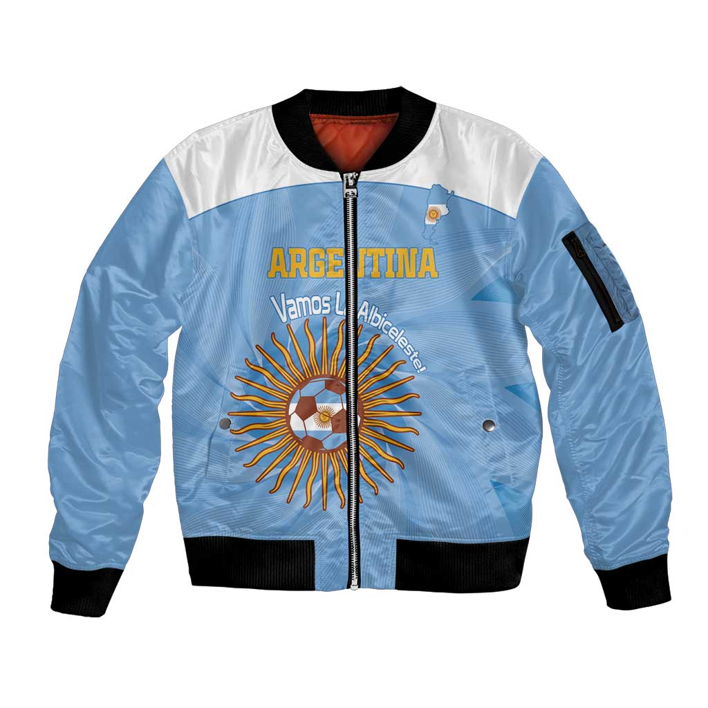 Custom Argentina Football Sleeve Zip Bomber Jacket Vamos La Albiceleste Blue Version - Wonder Print Shop