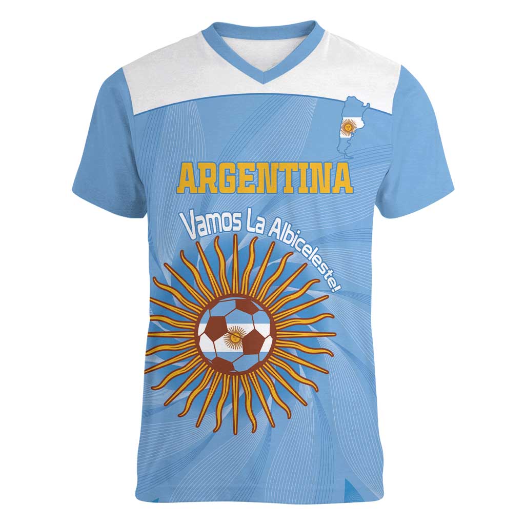 Custom Argentina Football Women V-Neck T-Shirt Vamos La Albiceleste Blue Version - Wonder Print Shop