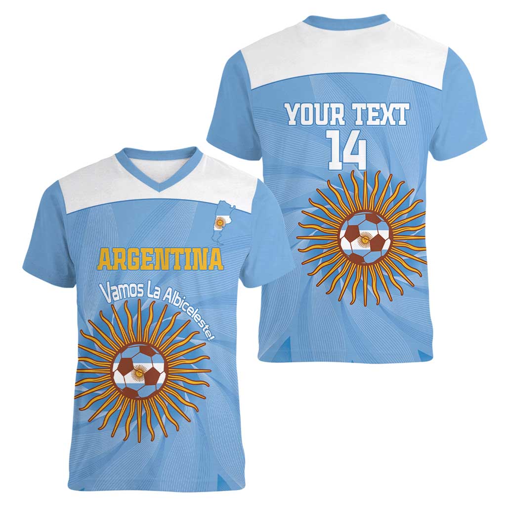 Custom Argentina Football Women V-Neck T-Shirt Vamos La Albiceleste Blue Version - Wonder Print Shop