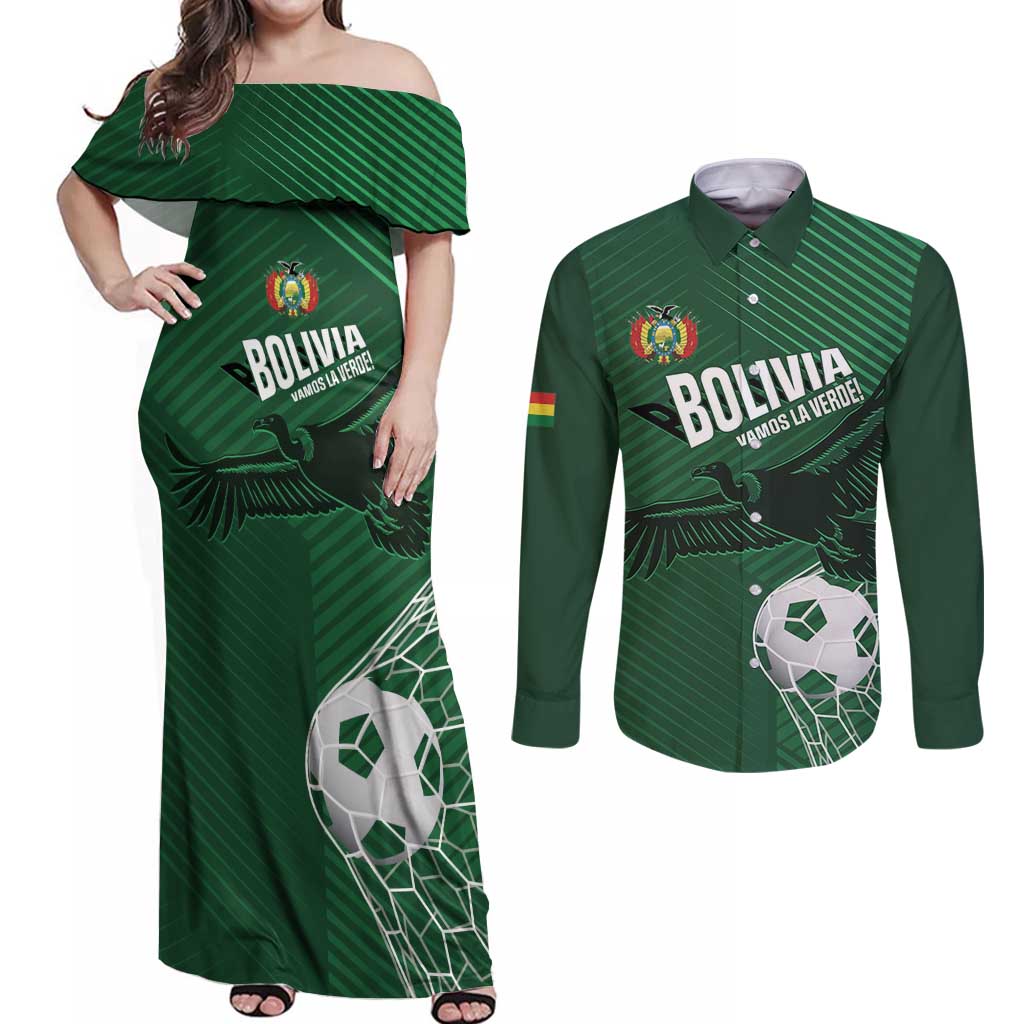 Custom Bolivia Football Couples Matching Off Shoulder Maxi Dress and Long Sleeve Button Shirt Vamos La Verde - Wonder Print Shop