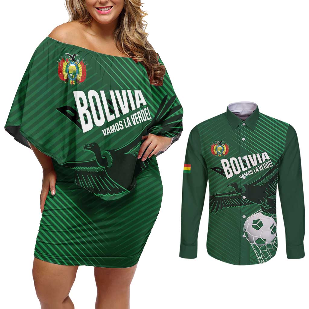 Custom Bolivia Football Couples Matching Off Shoulder Short Dress and Long Sleeve Button Shirt Vamos La Verde - Wonder Print Shop