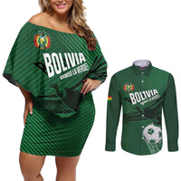Custom Bolivia Football Couples Matching Off Shoulder Short Dress and Long Sleeve Button Shirt Vamos La Verde - Wonder Print Shop