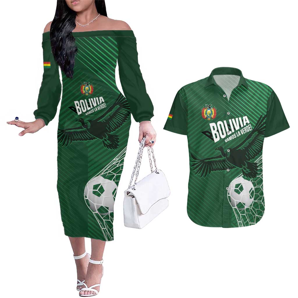 Custom Bolivia Football Couples Matching Off The Shoulder Long Sleeve Dress and Hawaiian Shirt Vamos La Verde - Wonder Print Shop