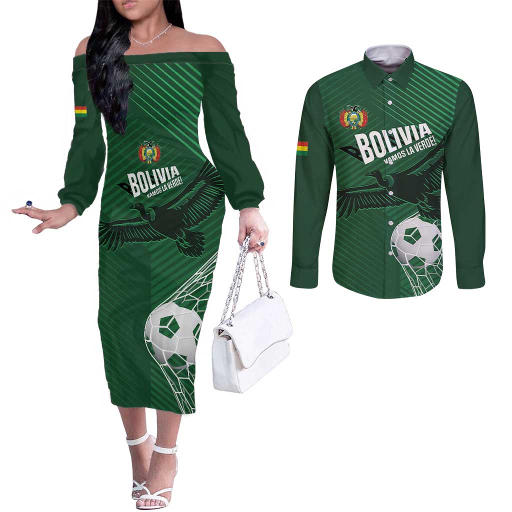 Custom Bolivia Football Couples Matching Off The Shoulder Long Sleeve Dress and Long Sleeve Button Shirt Vamos La Verde - Wonder Print Shop