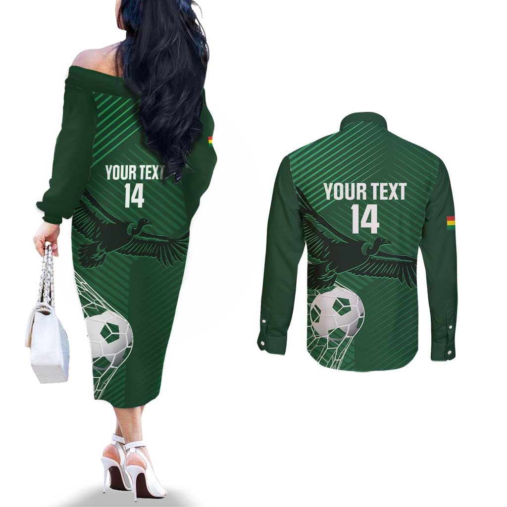 Custom Bolivia Football Couples Matching Off The Shoulder Long Sleeve Dress and Long Sleeve Button Shirt Vamos La Verde - Wonder Print Shop