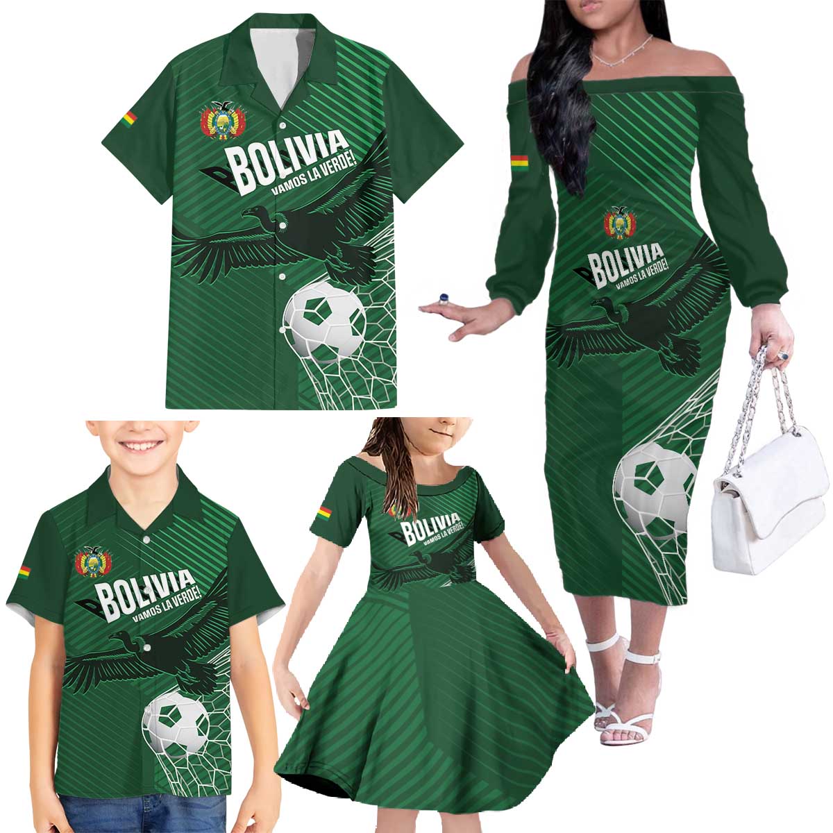 Custom Bolivia Football Family Matching Off The Shoulder Long Sleeve Dress and Hawaiian Shirt Vamos La Verde - Wonder Print Shop