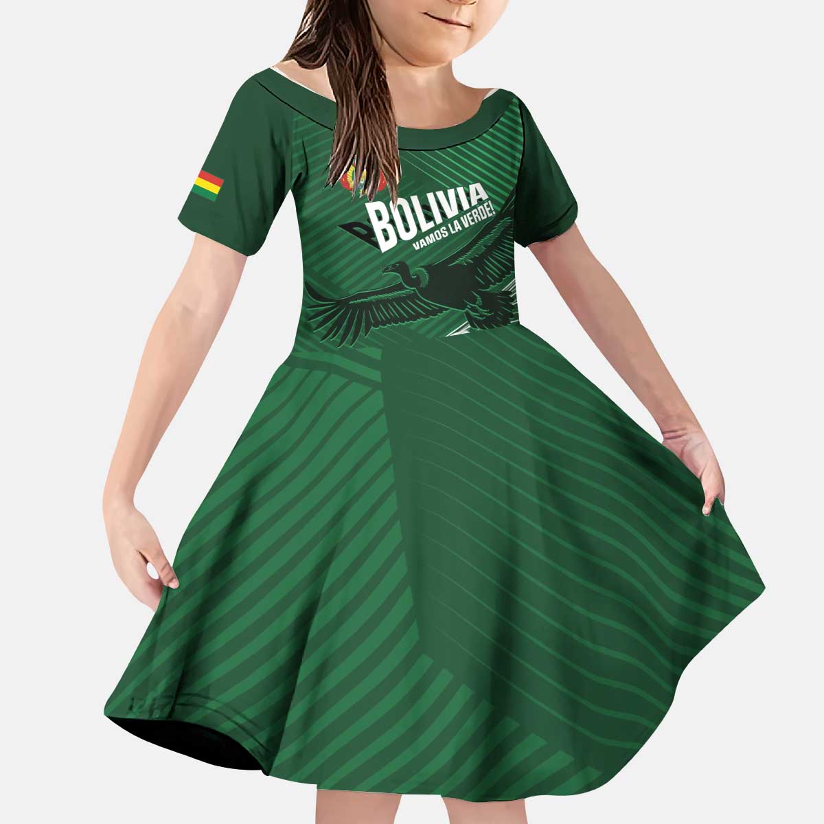 Custom Bolivia Football Kid Short Sleeve Dress Vamos La Verde - Wonder Print Shop
