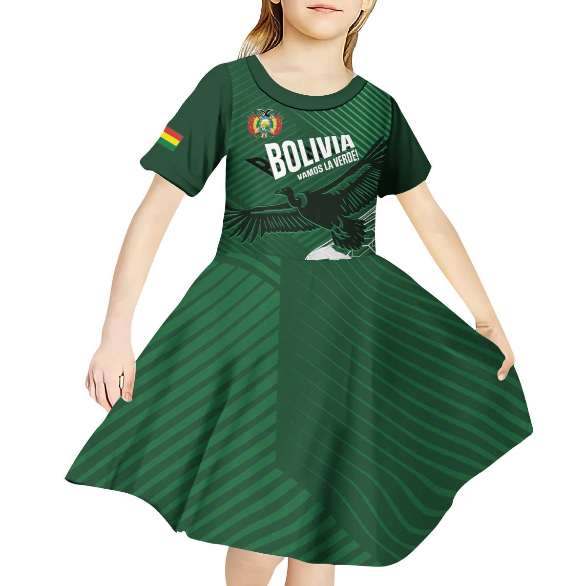 Custom Bolivia Football Kid Short Sleeve Dress Vamos La Verde - Wonder Print Shop