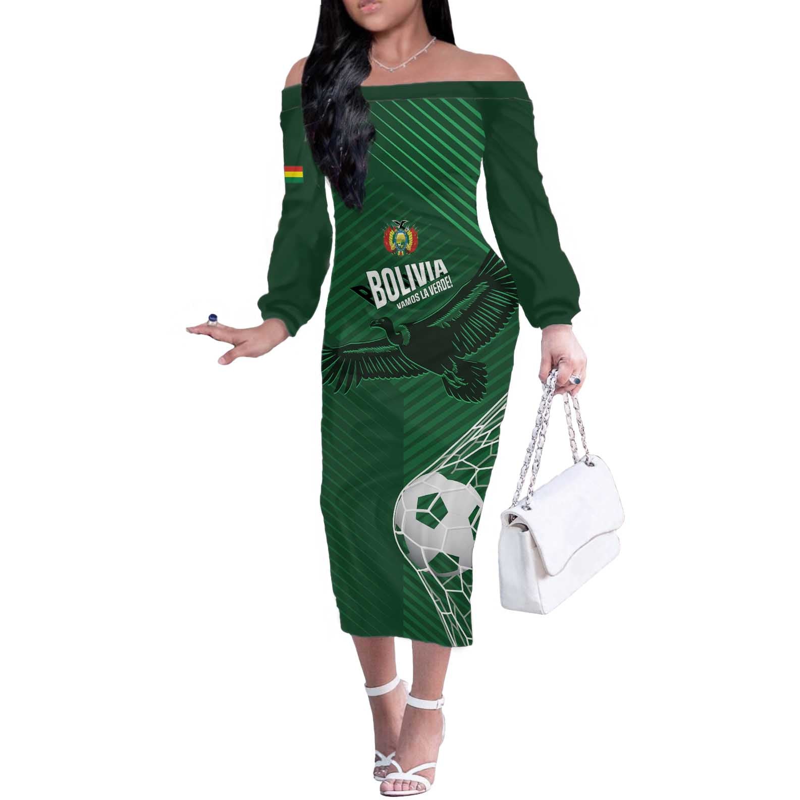 Custom Bolivia Football Off The Shoulder Long Sleeve Dress Vamos La Verde - Wonder Print Shop