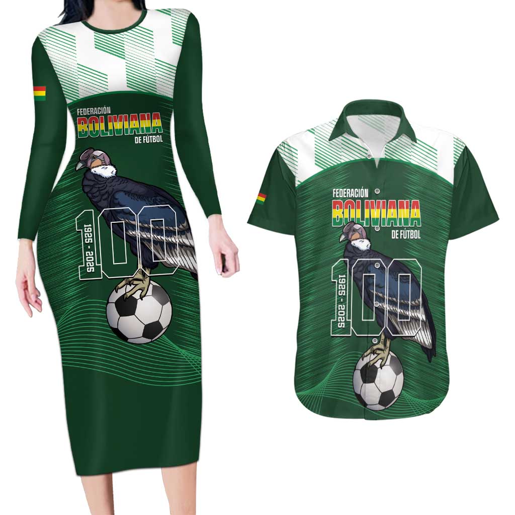 Custom Bolivia Football Couples Matching Long Sleeve Bodycon Dress and Hawaiian Shirt 100th Anniversary Andean Condor Proud - Wonder Print Shop