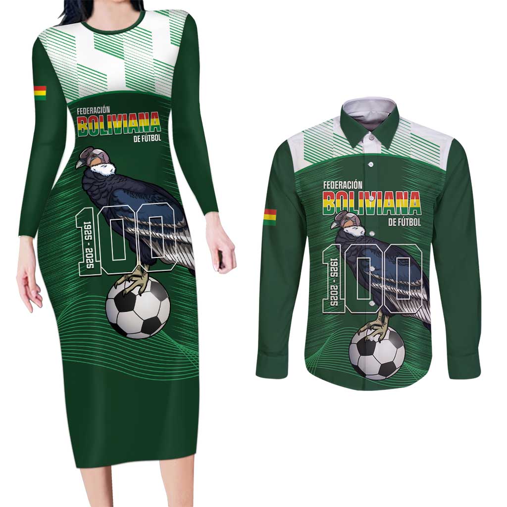 Custom Bolivia Football Couples Matching Long Sleeve Bodycon Dress and Long Sleeve Button Shirt 100th Anniversary Andean Condor Proud - Wonder Print Shop