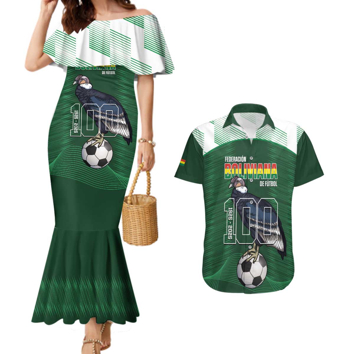 Custom Bolivia Football Couples Matching Mermaid Dress and Hawaiian Shirt 100th Anniversary Andean Condor Proud - Wonder Print Shop
