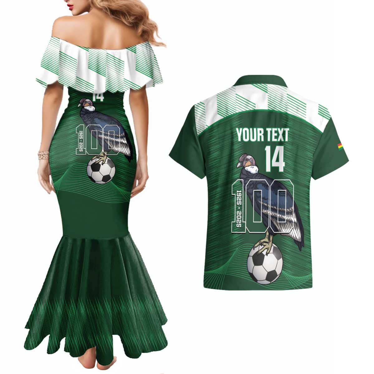 Custom Bolivia Football Couples Matching Mermaid Dress and Hawaiian Shirt 100th Anniversary Andean Condor Proud - Wonder Print Shop