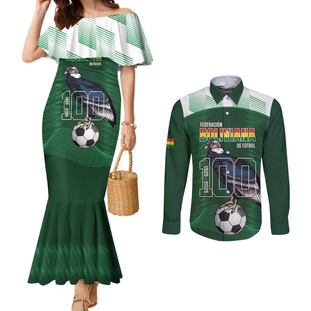 Custom Bolivia Football Couples Matching Mermaid Dress and Long Sleeve Button Shirt 100th Anniversary Andean Condor Proud - Wonder Print Shop