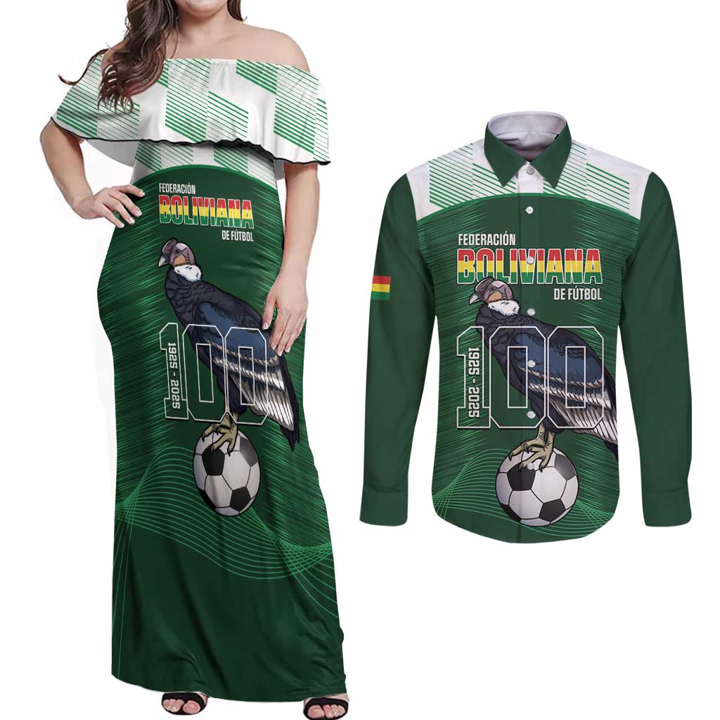 Custom Bolivia Football Couples Matching Off Shoulder Maxi Dress and Long Sleeve Button Shirt 100th Anniversary Andean Condor Proud - Wonder Print Shop