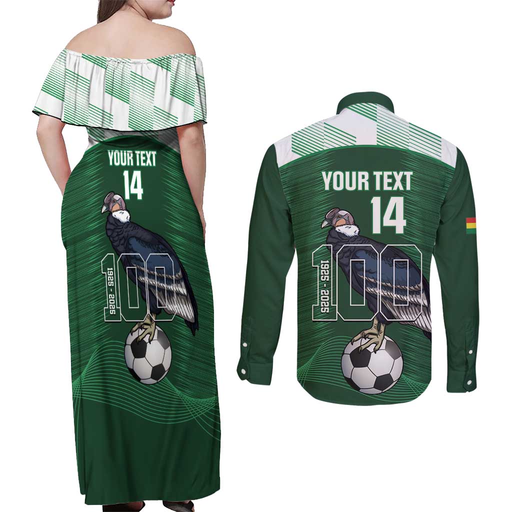 Custom Bolivia Football Couples Matching Off Shoulder Maxi Dress and Long Sleeve Button Shirt 100th Anniversary Andean Condor Proud - Wonder Print Shop