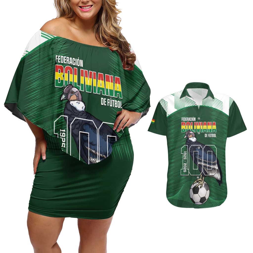 Custom Bolivia Football Couples Matching Off Shoulder Short Dress and Hawaiian Shirt 100th Anniversary Andean Condor Proud - Wonder Print Shop
