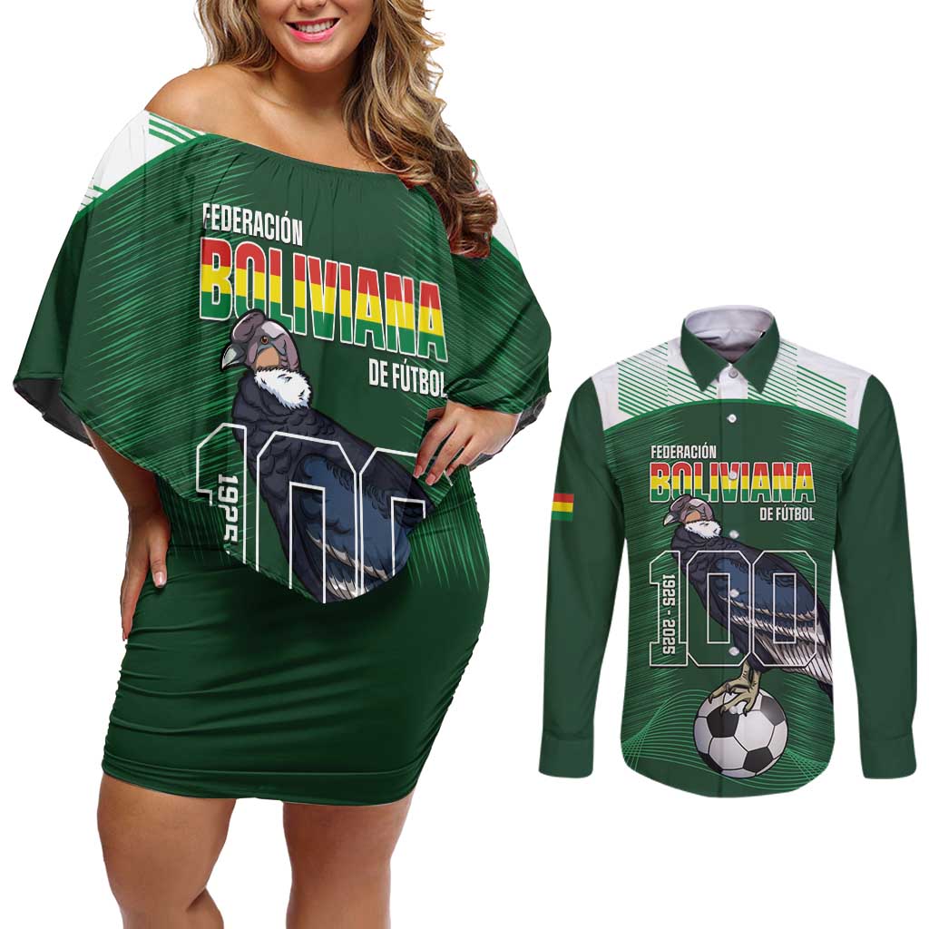 Custom Bolivia Football Couples Matching Off Shoulder Short Dress and Long Sleeve Button Shirt 100th Anniversary Andean Condor Proud - Wonder Print Shop
