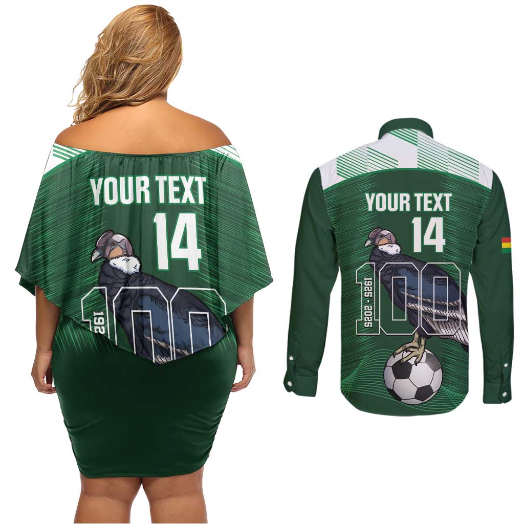 Custom Bolivia Football Couples Matching Off Shoulder Short Dress and Long Sleeve Button Shirt 100th Anniversary Andean Condor Proud - Wonder Print Shop