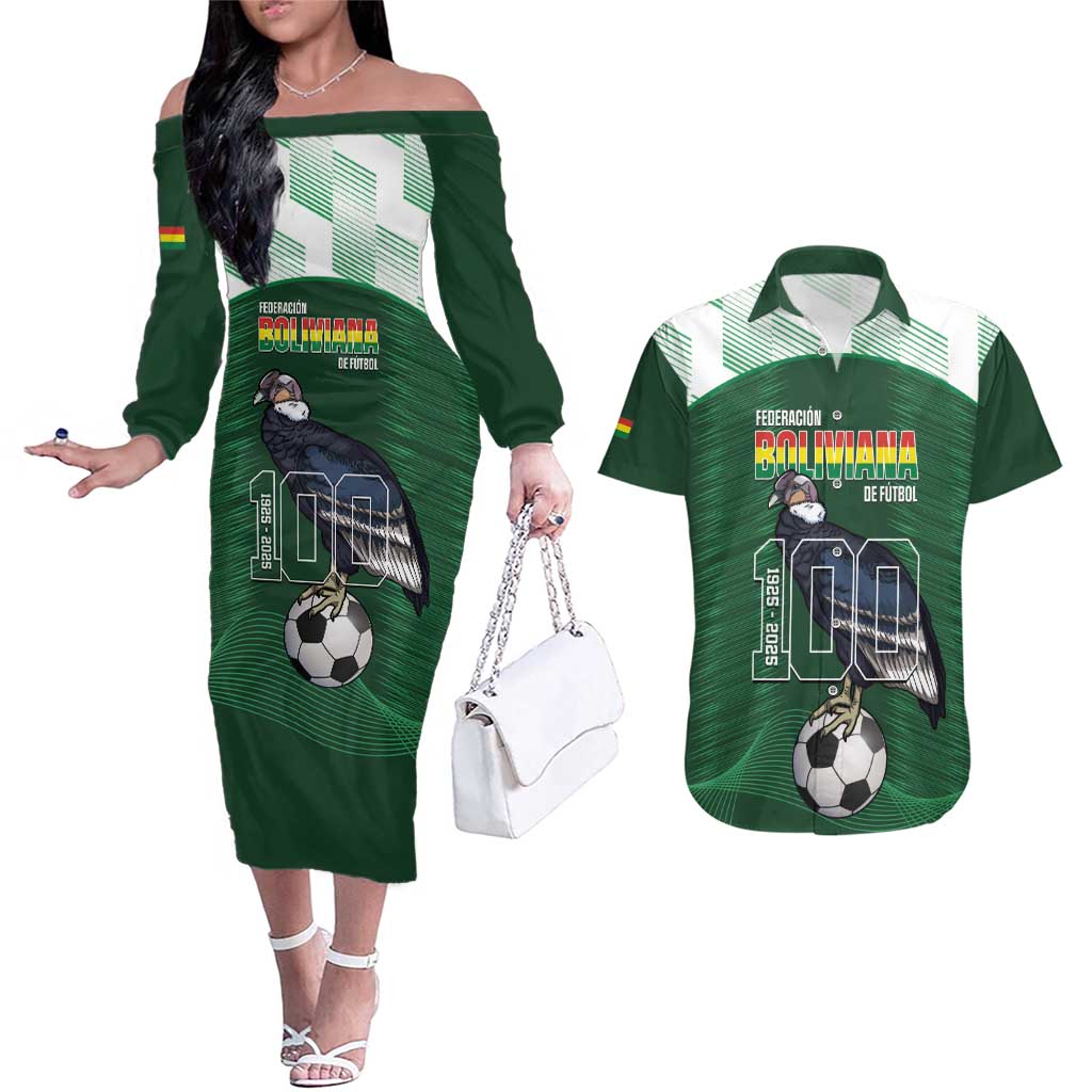 Custom Bolivia Football Couples Matching Off The Shoulder Long Sleeve Dress and Hawaiian Shirt 100th Anniversary Andean Condor Proud - Wonder Print Shop