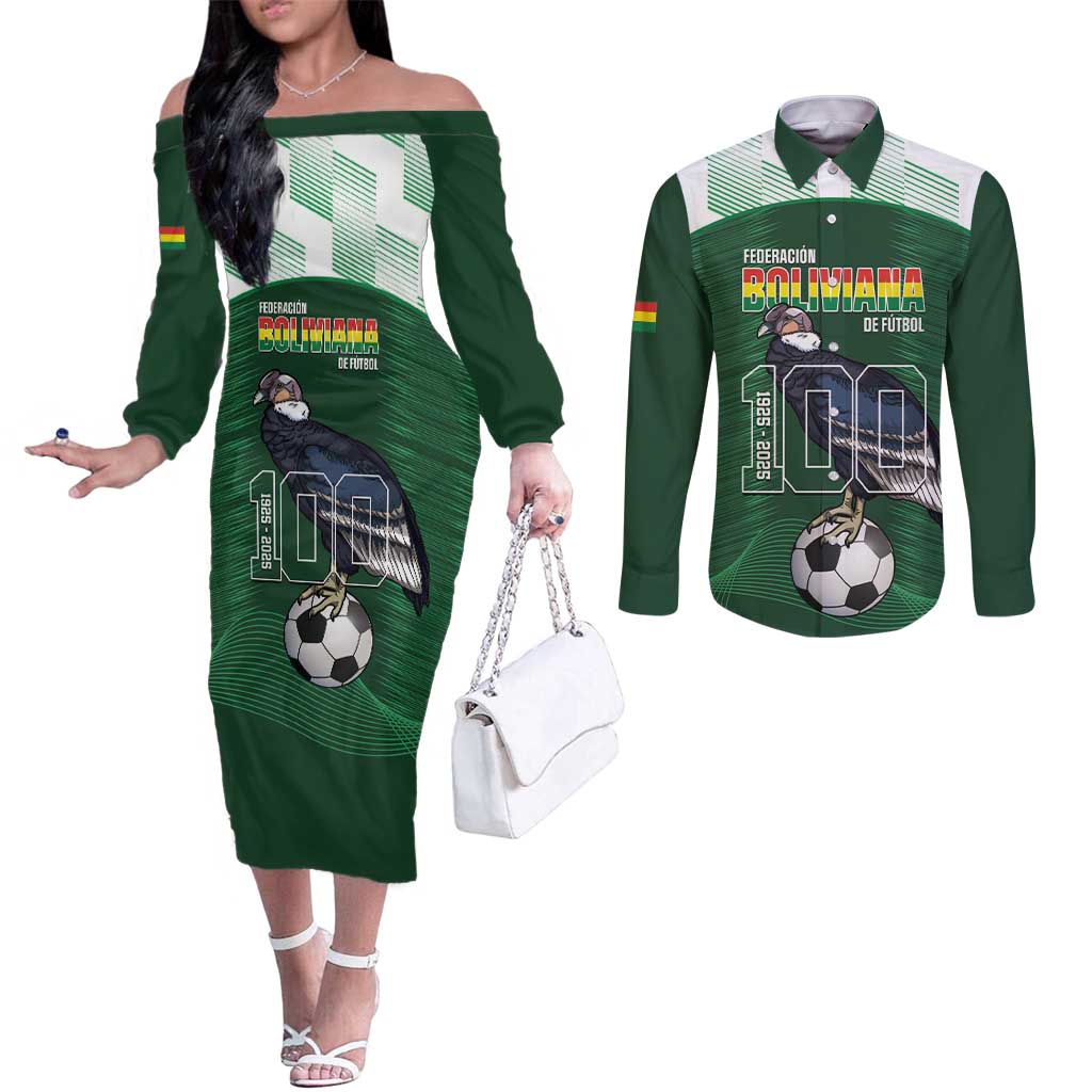 Custom Bolivia Football Couples Matching Off The Shoulder Long Sleeve Dress and Long Sleeve Button Shirt 100th Anniversary Andean Condor Proud - Wonder Print Shop