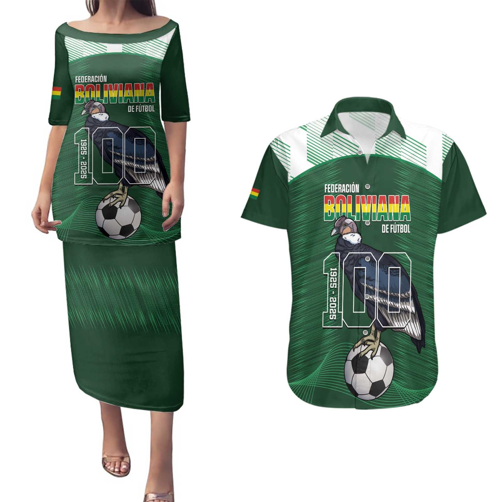Custom Bolivia Football Couples Matching Puletasi and Hawaiian Shirt 100th Anniversary Andean Condor Proud - Wonder Print Shop