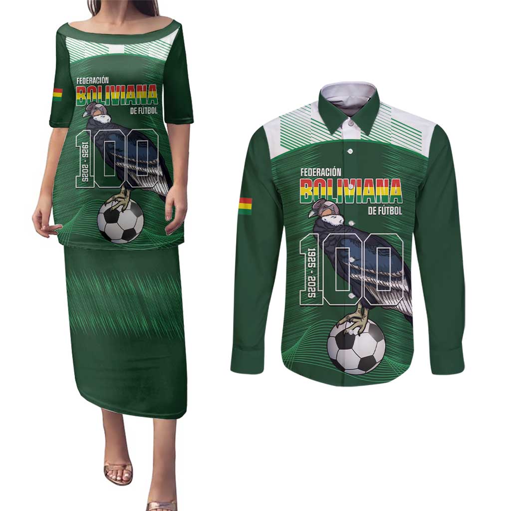 Custom Bolivia Football Couples Matching Puletasi and Long Sleeve Button Shirt 100th Anniversary Andean Condor Proud - Wonder Print Shop