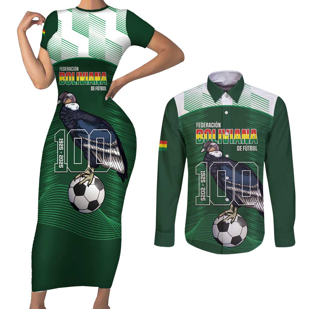 Custom Bolivia Football Couples Matching Short Sleeve Bodycon Dress and Long Sleeve Button Shirt 100th Anniversary Andean Condor Proud - Wonder Print Shop