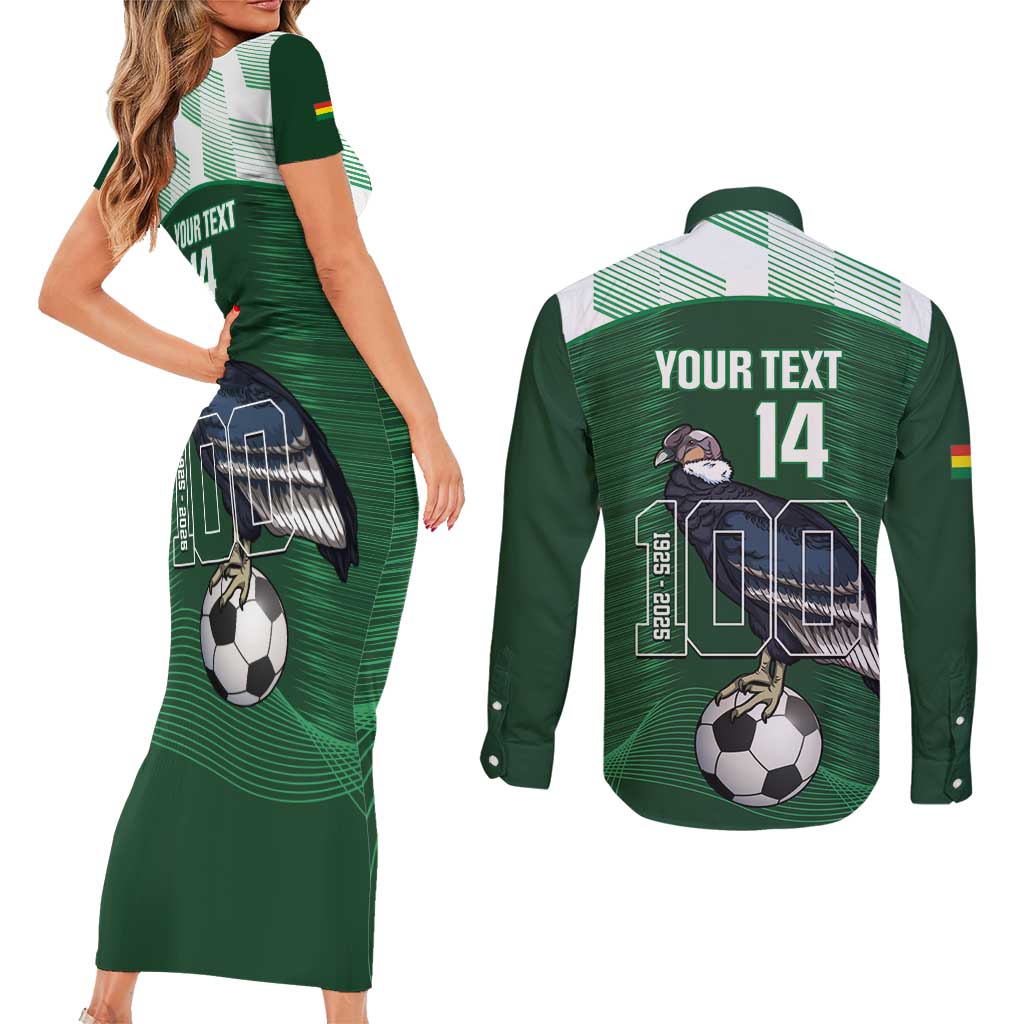 Custom Bolivia Football Couples Matching Short Sleeve Bodycon Dress and Long Sleeve Button Shirt 100th Anniversary Andean Condor Proud - Wonder Print Shop