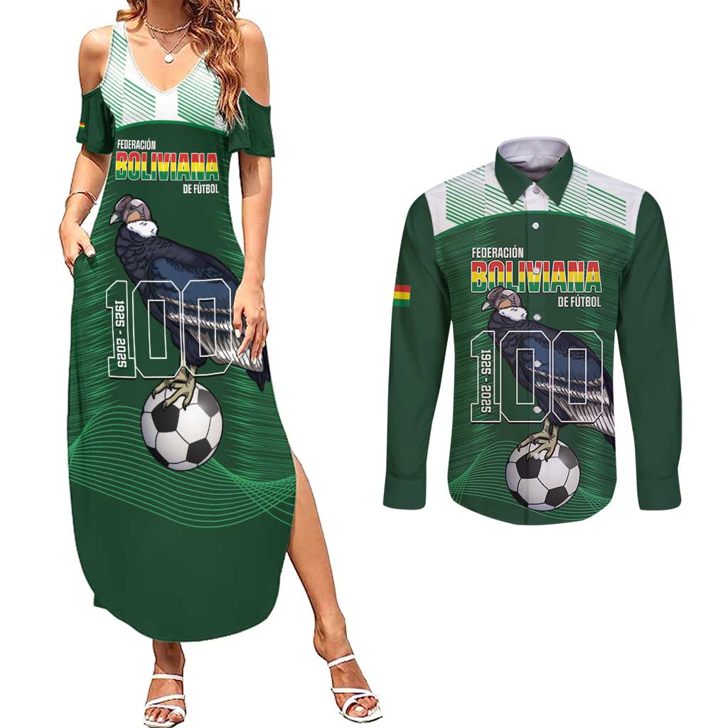Custom Bolivia Football Couples Matching Summer Maxi Dress and Long Sleeve Button Shirt 100th Anniversary Andean Condor Proud - Wonder Print Shop
