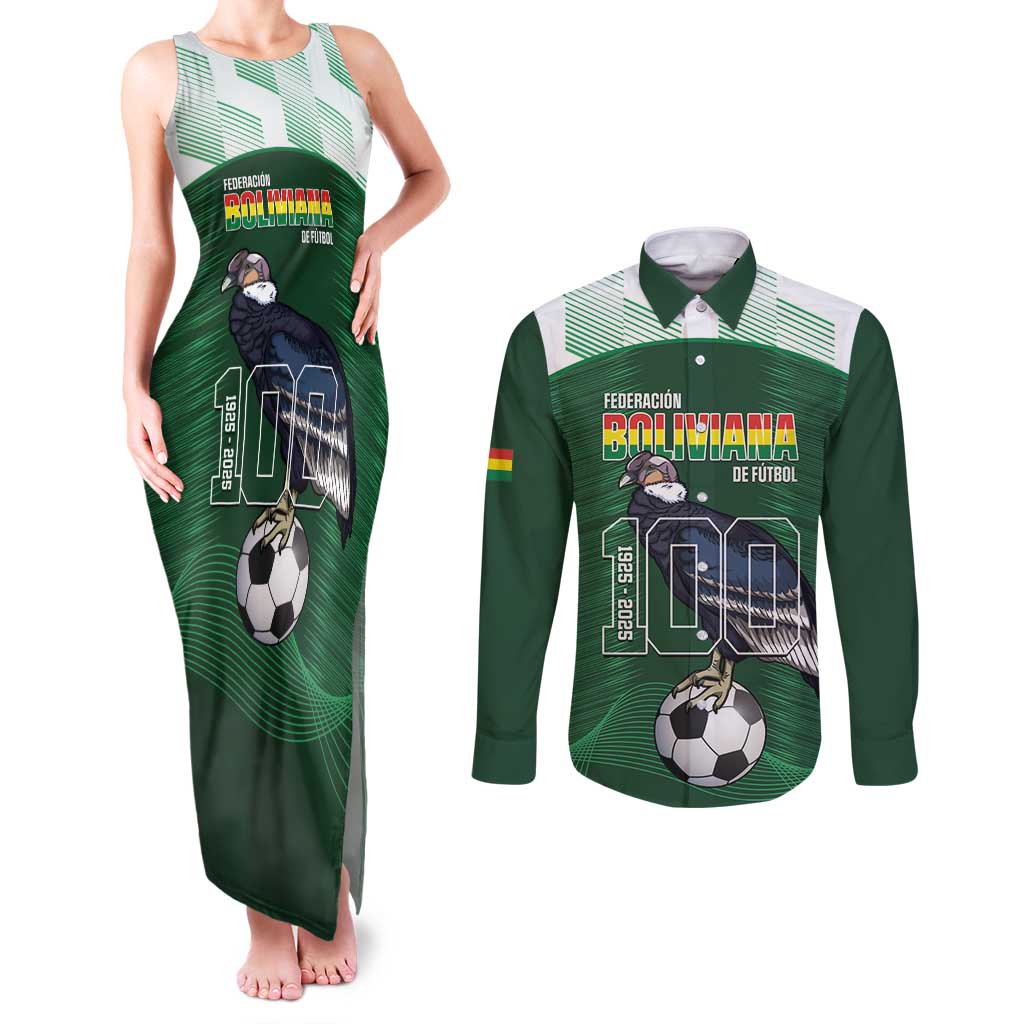 Custom Bolivia Football Couples Matching Tank Maxi Dress and Long Sleeve Button Shirt 100th Anniversary Andean Condor Proud - Wonder Print Shop