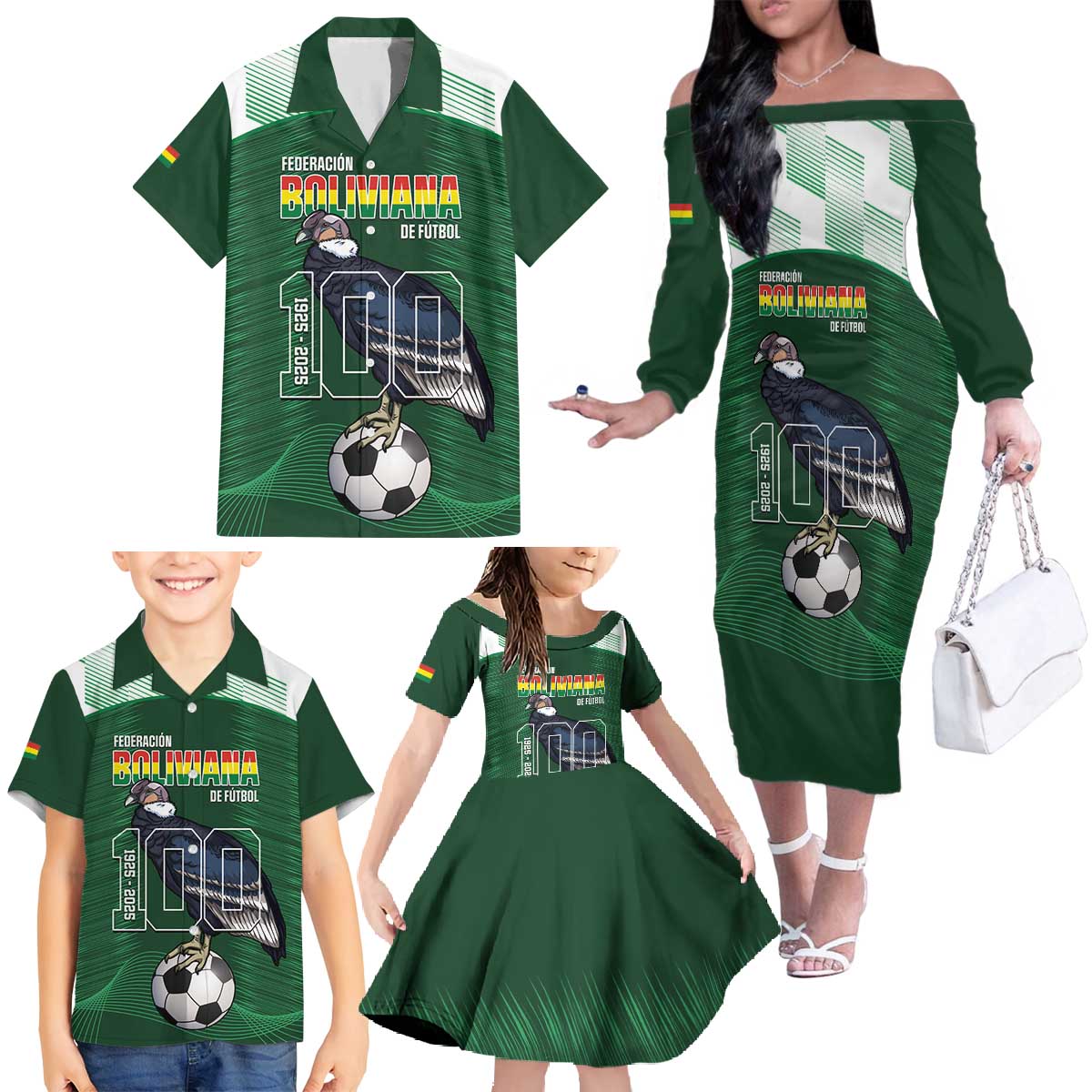 Custom Bolivia Football Family Matching Off The Shoulder Long Sleeve Dress and Hawaiian Shirt 100th Anniversary Andean Condor Proud - Wonder Print Shop
