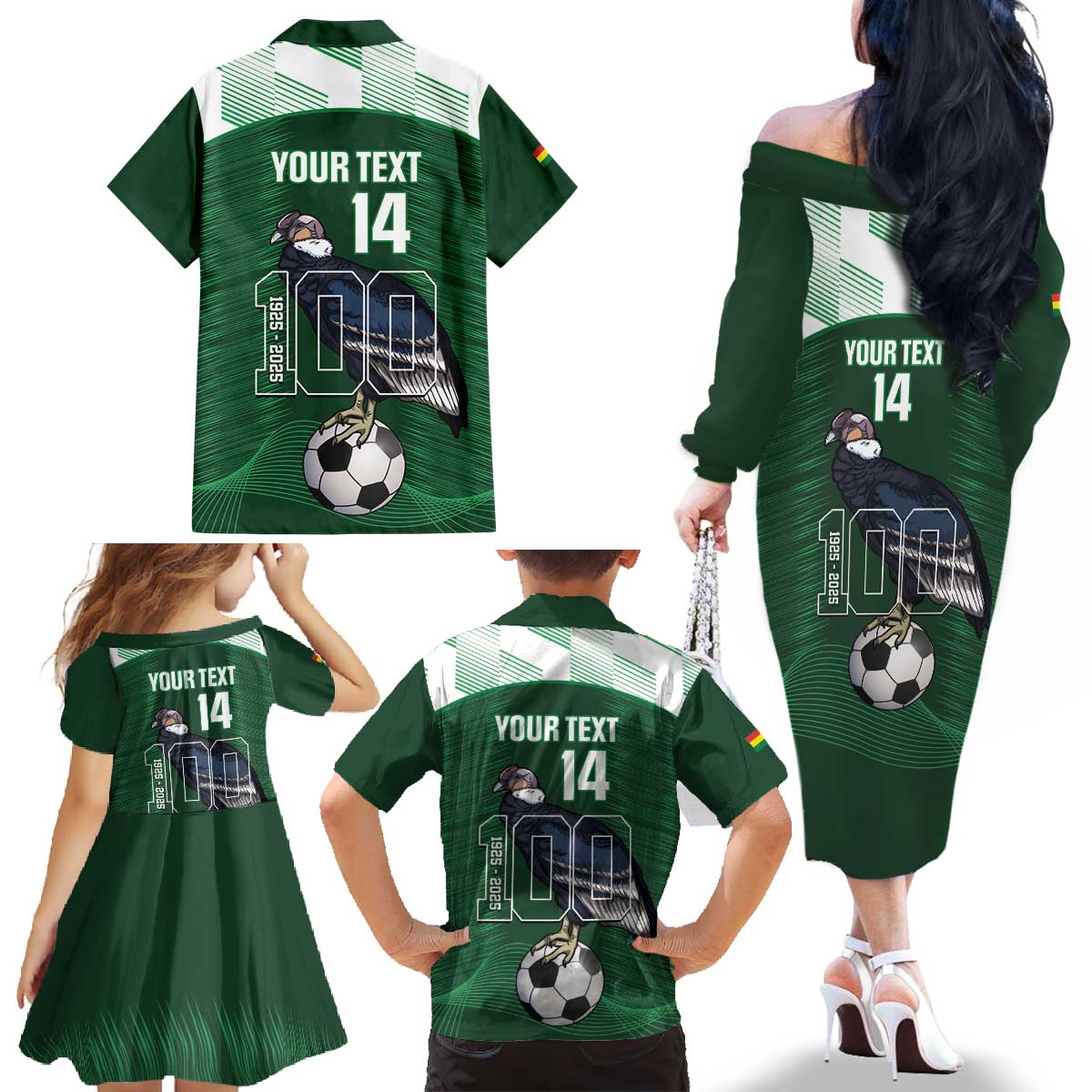 Custom Bolivia Football Family Matching Off The Shoulder Long Sleeve Dress and Hawaiian Shirt 100th Anniversary Andean Condor Proud - Wonder Print Shop