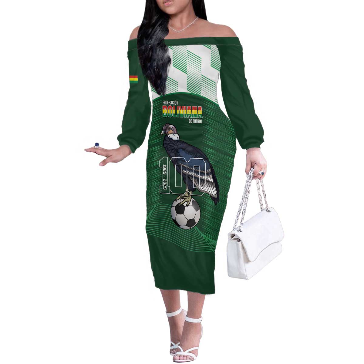 Custom Bolivia Football Family Matching Off The Shoulder Long Sleeve Dress and Hawaiian Shirt 100th Anniversary Andean Condor Proud - Wonder Print Shop