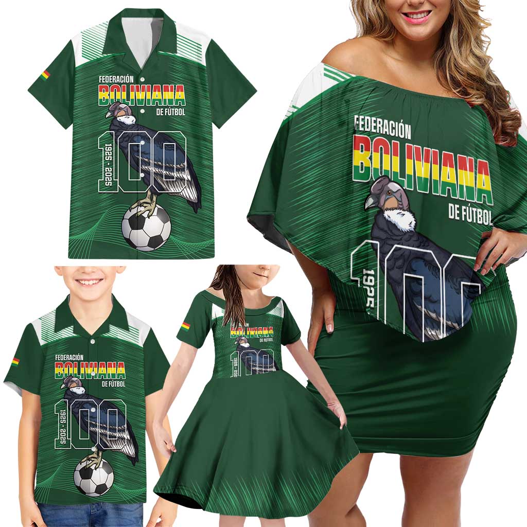 Custom Bolivia Football Family Matching Off Shoulder Short Dress and Hawaiian Shirt 100th Anniversary Andean Condor Proud - Wonder Print Shop