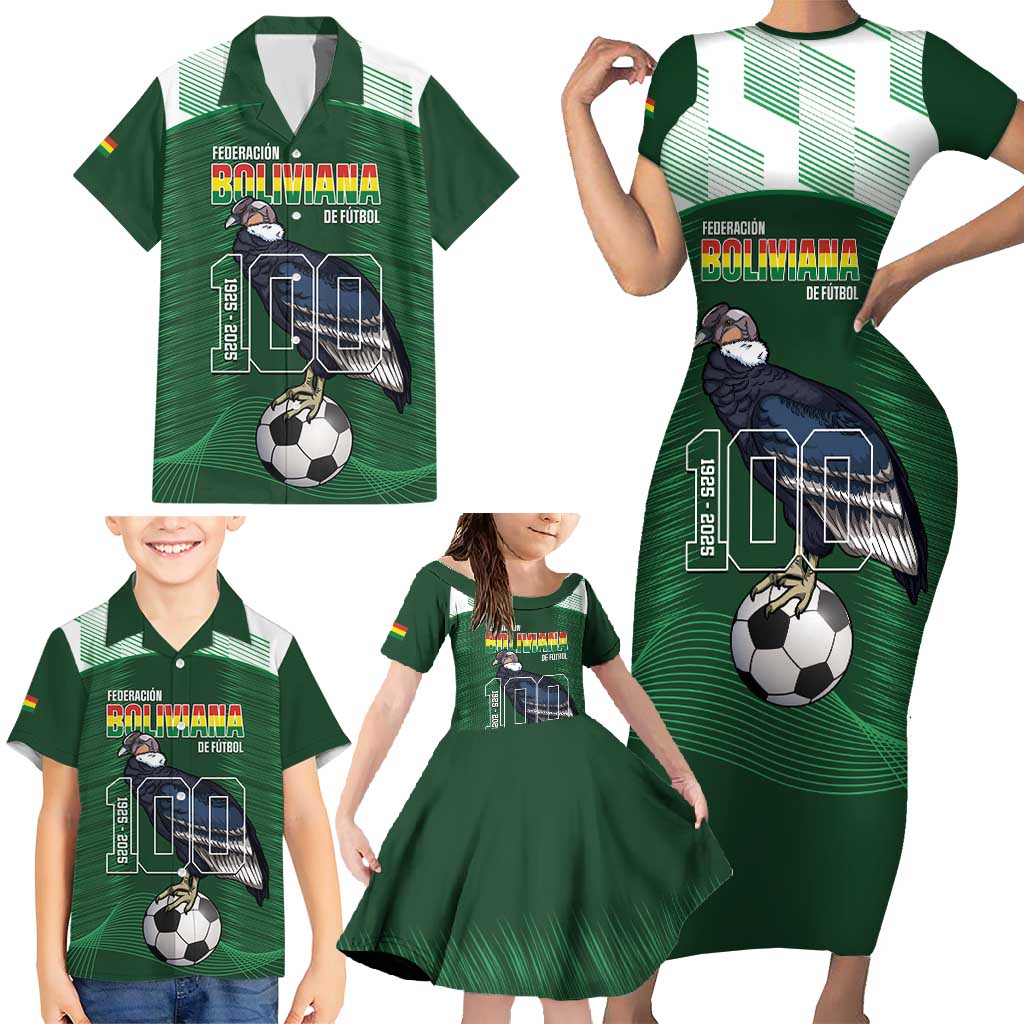 Custom Bolivia Football Family Matching Short Sleeve Bodycon Dress and Hawaiian Shirt 100th Anniversary Andean Condor Proud - Wonder Print Shop