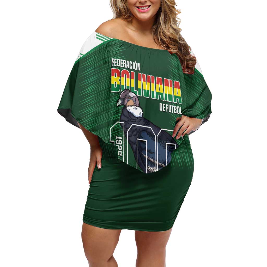 Custom Bolivia Football Off Shoulder Short Dress 100th Anniversary Andean Condor Proud - Wonder Print Shop
