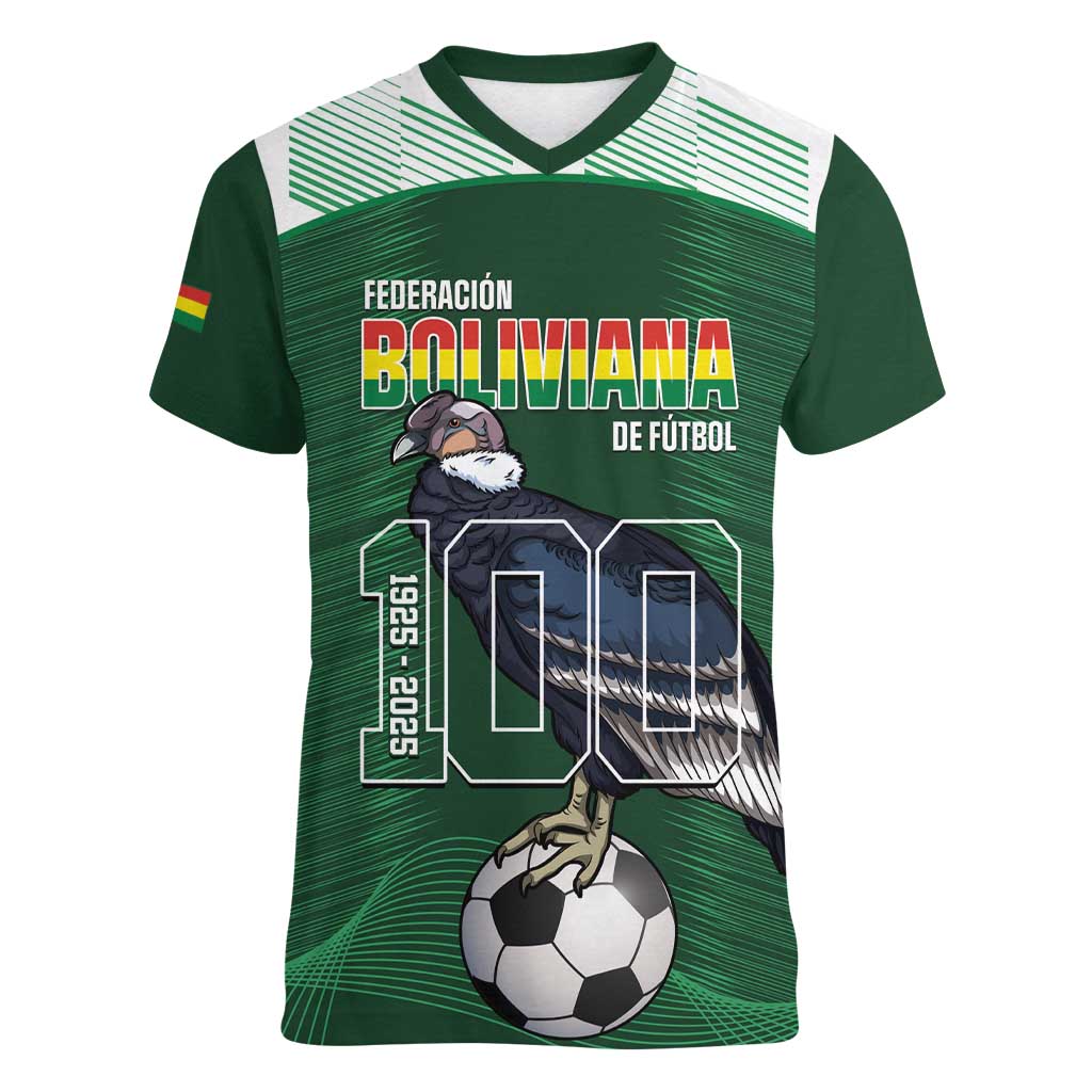 Custom Bolivia Football Women V-Neck T-Shirt 100th Anniversary Andean Condor Proud - Wonder Print Shop
