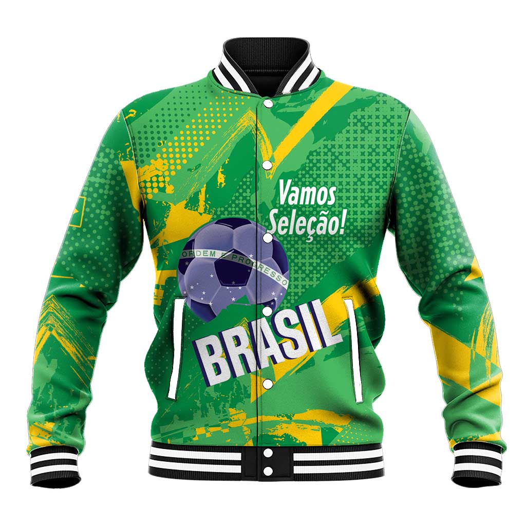 Custom Brazil Football Baseball Jacket Vamos Selecao Brushes Style - Wonder Print Shop