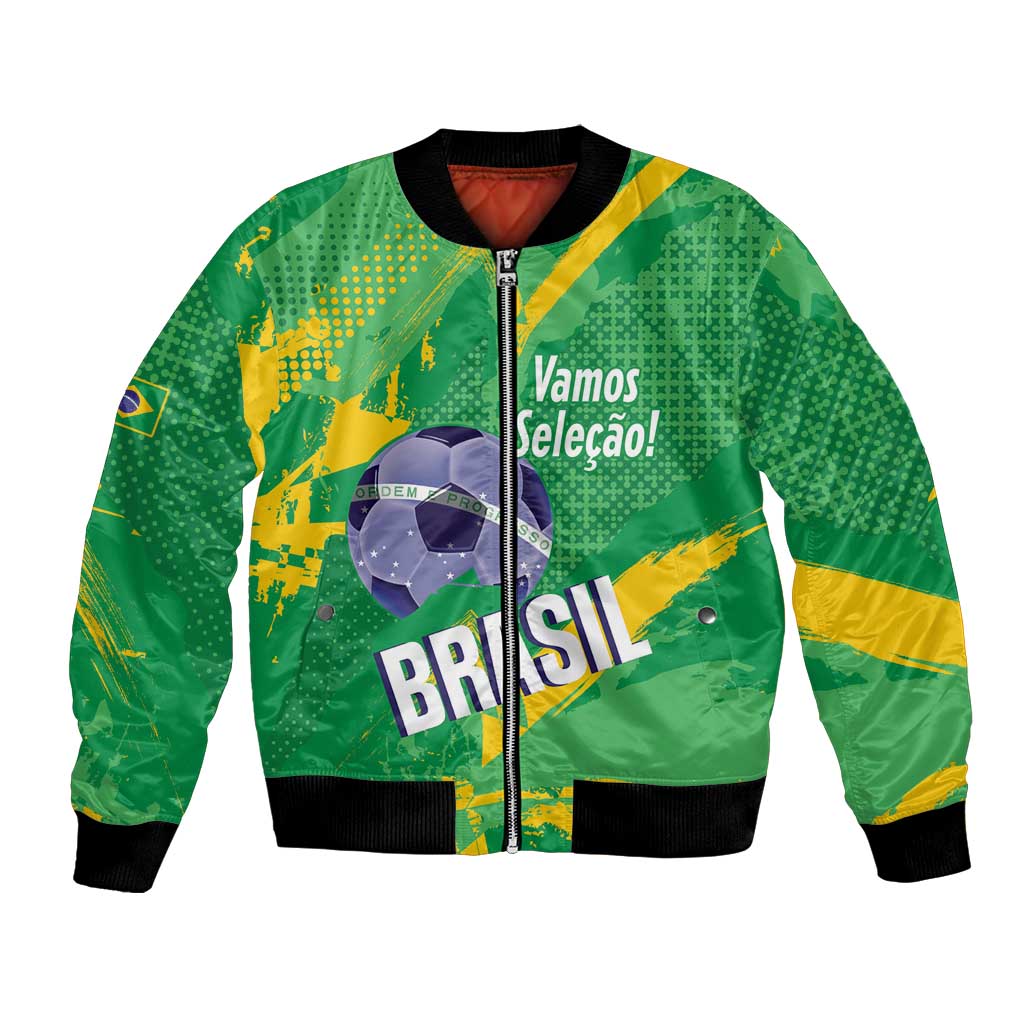 Custom Brazil Football Bomber Jacket Vamos Selecao Brushes Style - Wonder Print Shop