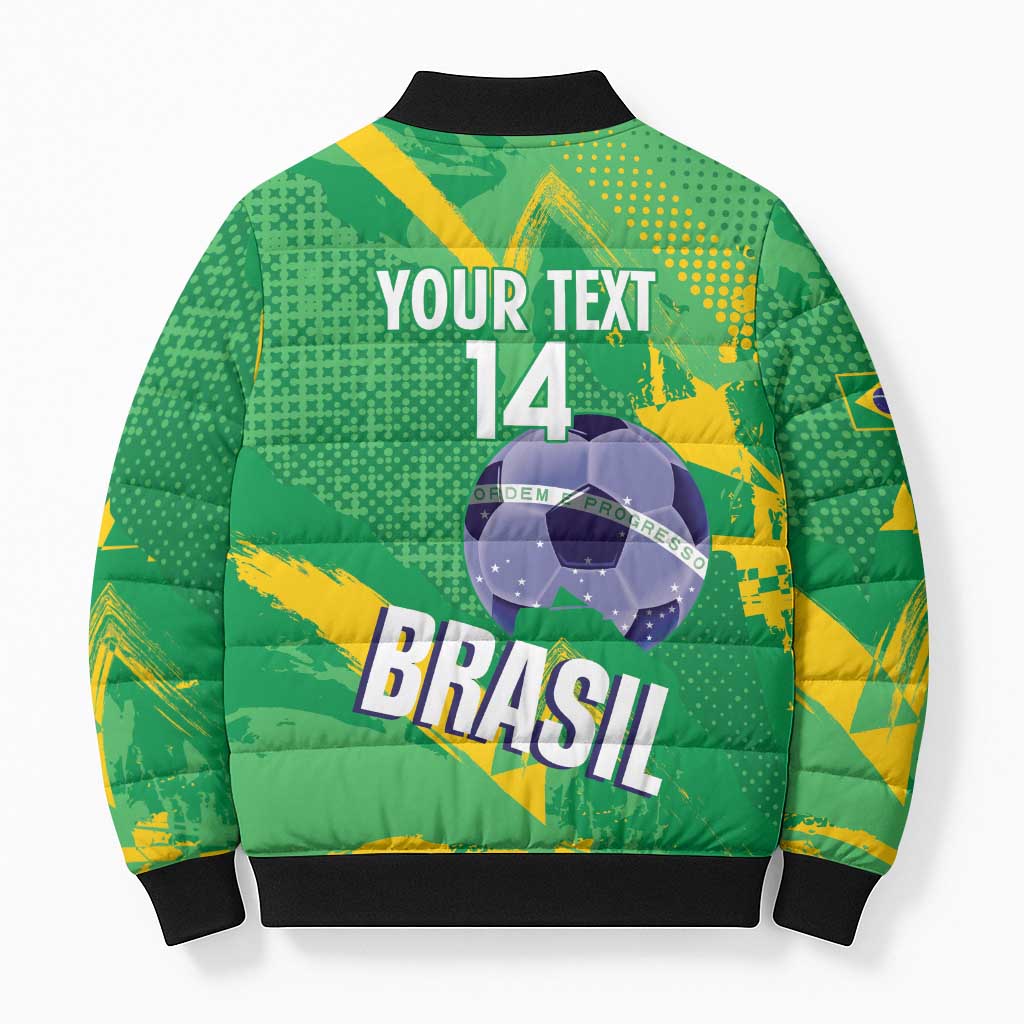 Custom Brazil Football Bomber Puffer Jacket Vamos Selecao Brushes Style - Wonder Print Shop