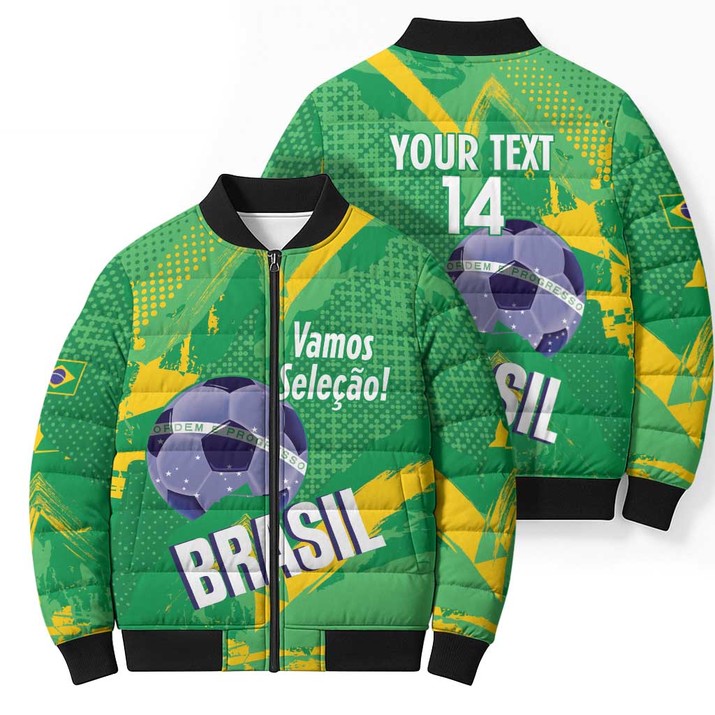 Custom Brazil Football Bomber Puffer Jacket Vamos Selecao Brushes Style - Wonder Print Shop