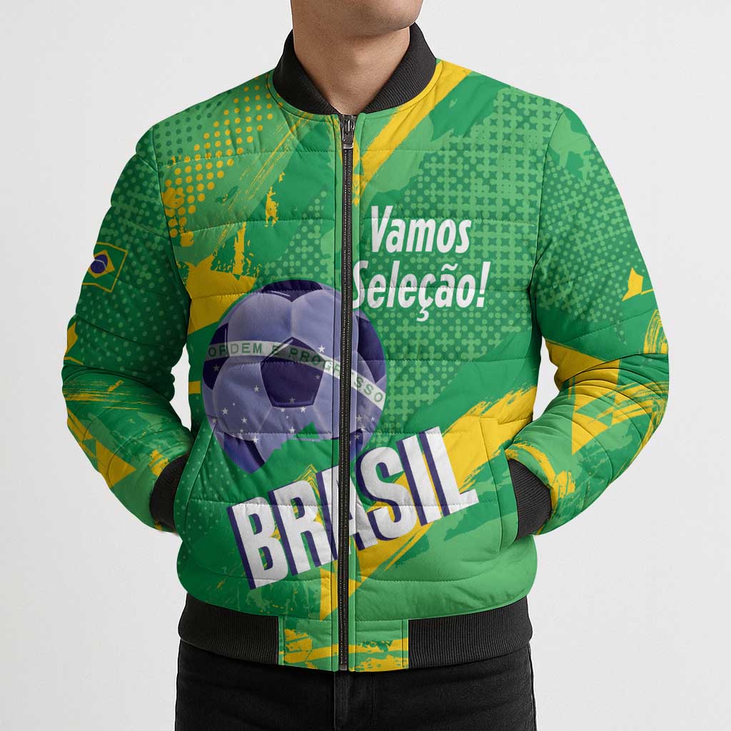 Custom Brazil Football Bomber Puffer Jacket Vamos Selecao Brushes Style - Wonder Print Shop