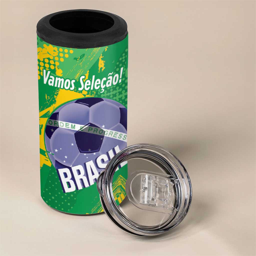 Custom Brazil Football 4 in 1 Can Cooler Tumbler Vamos Selecao Brushes Style - Wonder Print Shop